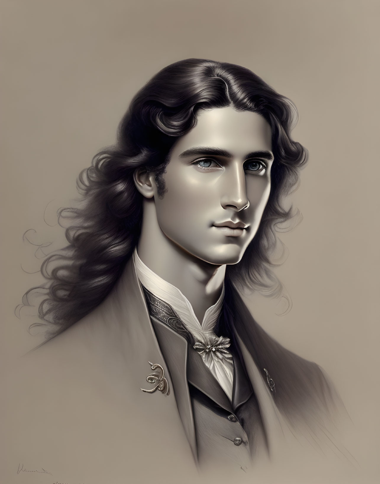 Portrait of young man with long wavy hair and blue eyes in vintage attire