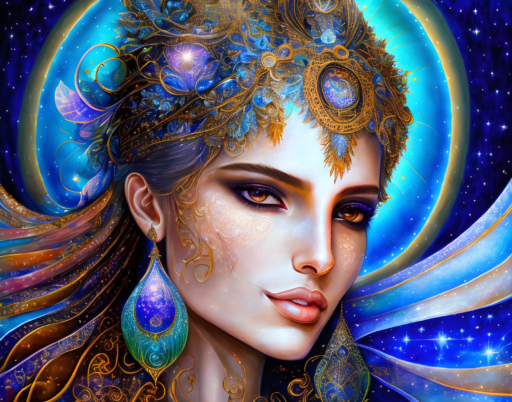 Cosmic-themed woman portrait with starry makeup and jewelry