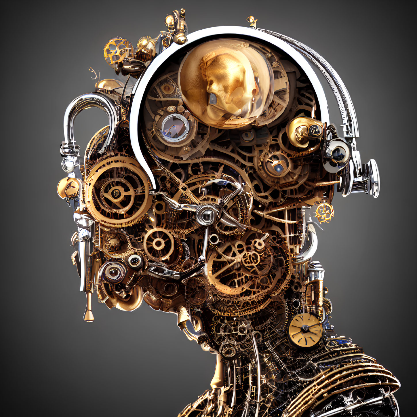 Intricate steampunk-style robotic head with golden skull and gears