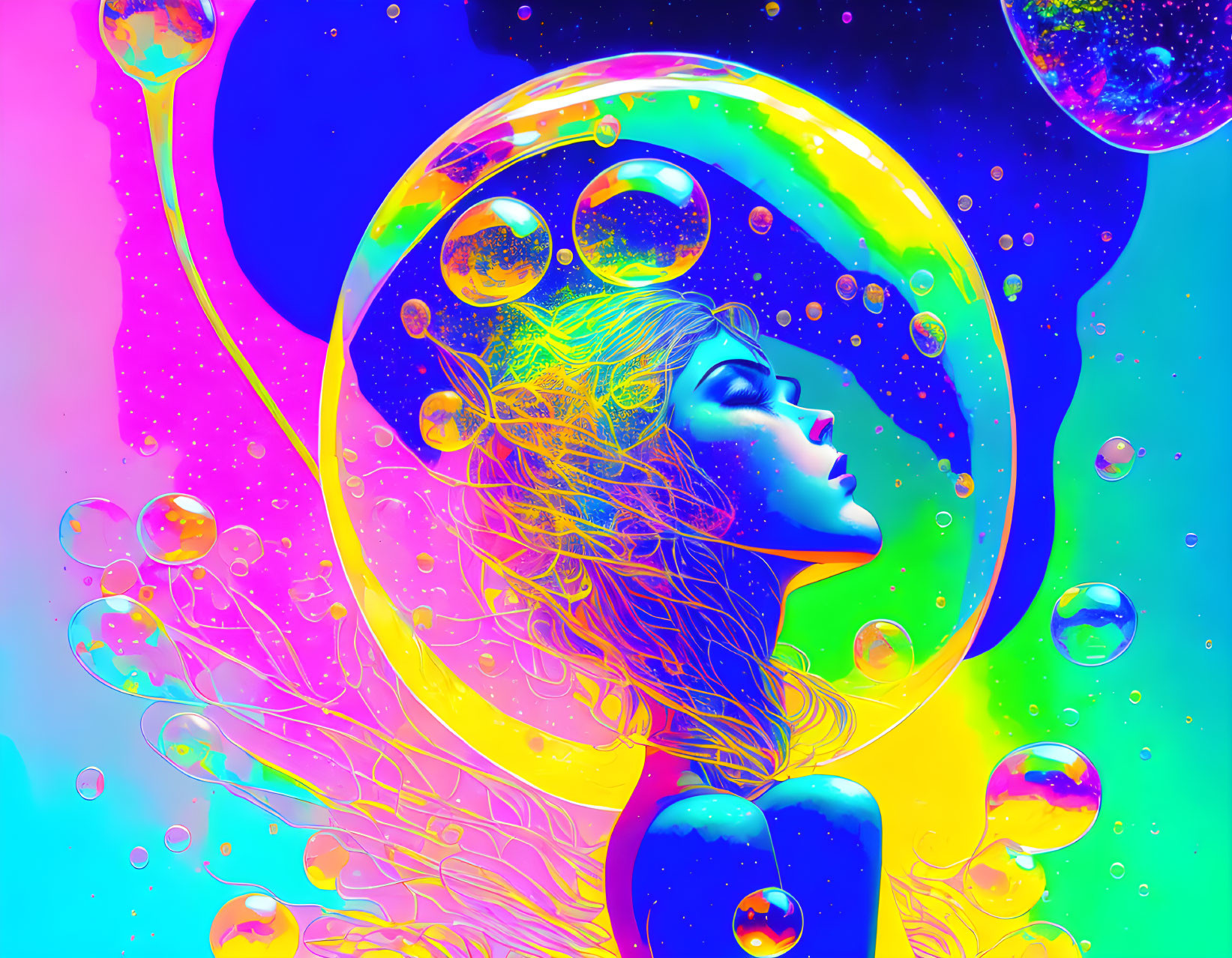 Colorful digital artwork: Woman's profile with multicolored bubbles on cosmic background.