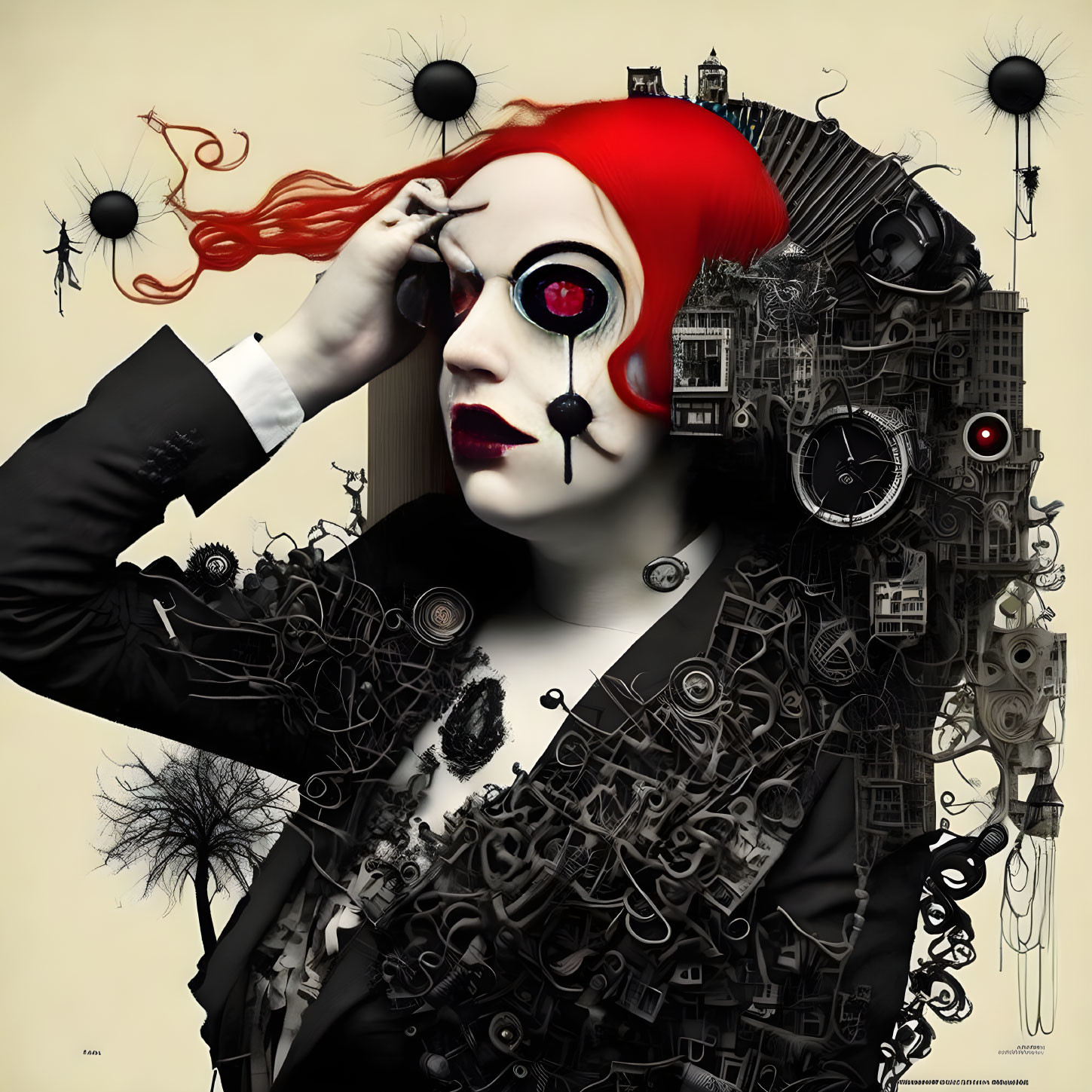 Surreal portrait: Red-haired figure with one red eye in dark, gothic setting