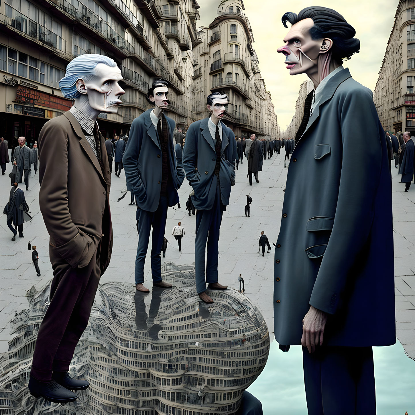 Surreal artwork featuring elongated male figures in suits in a distorted cityscape