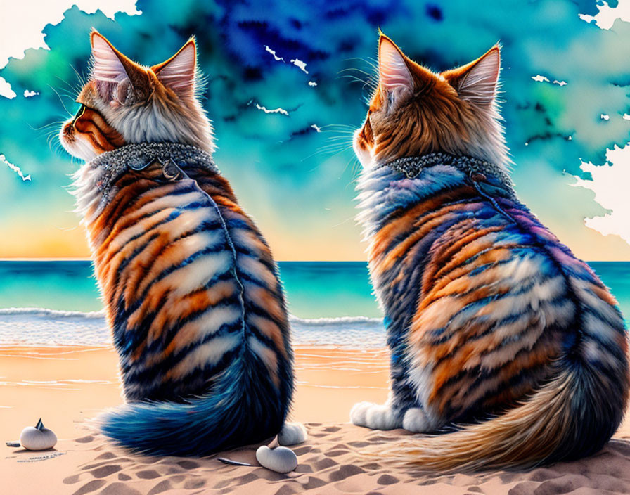 Tiger-striped cats on beach under colorful sky