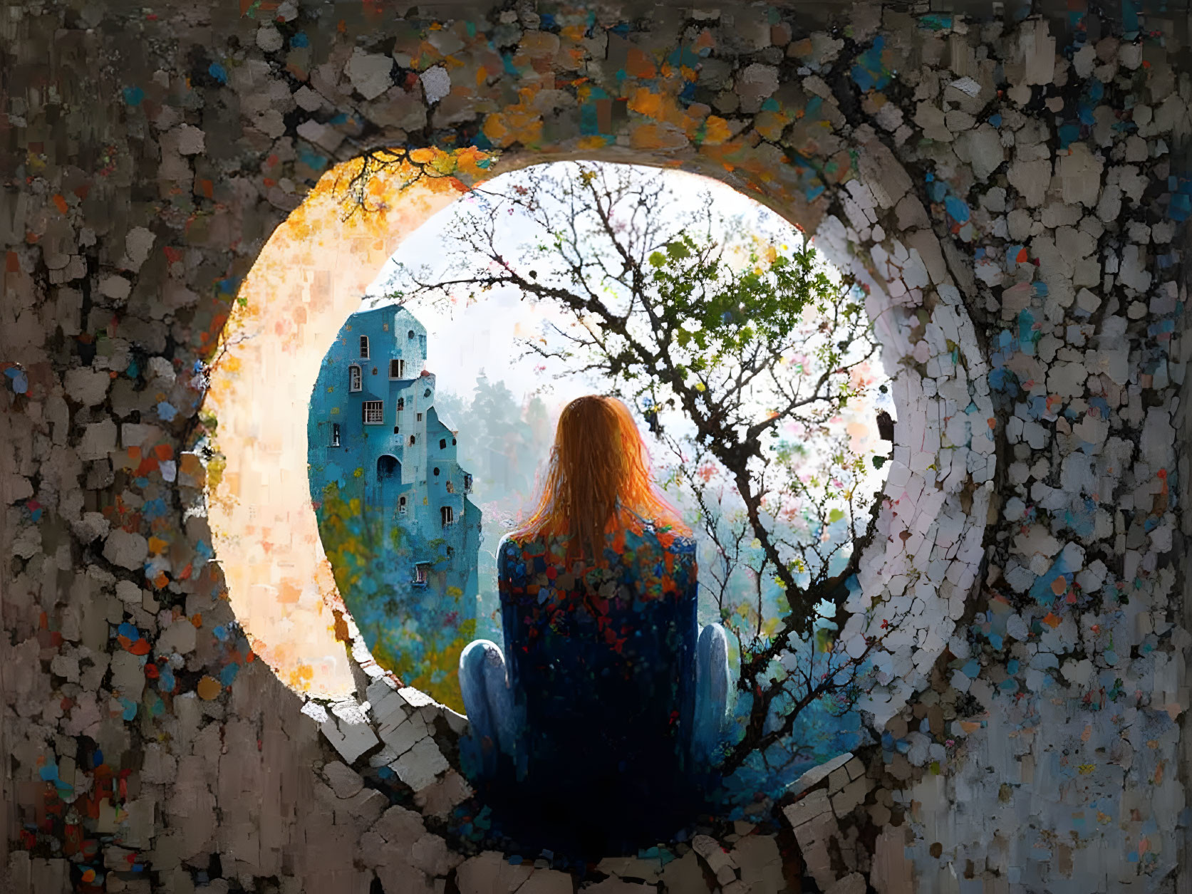 Long-haired person gazes at tree and houses in circular opening with peeling paint texture.