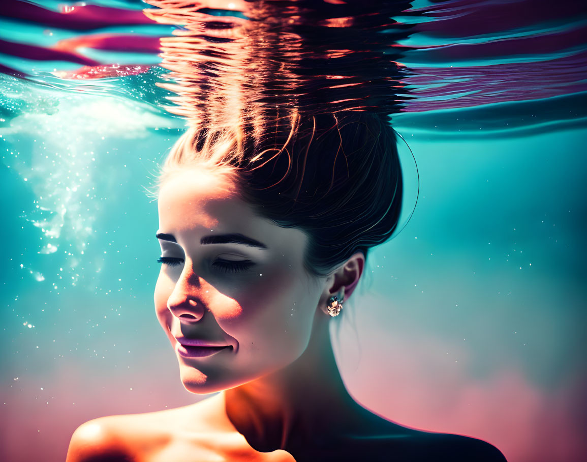 Serene woman submerged in water with floating hair and refracted light