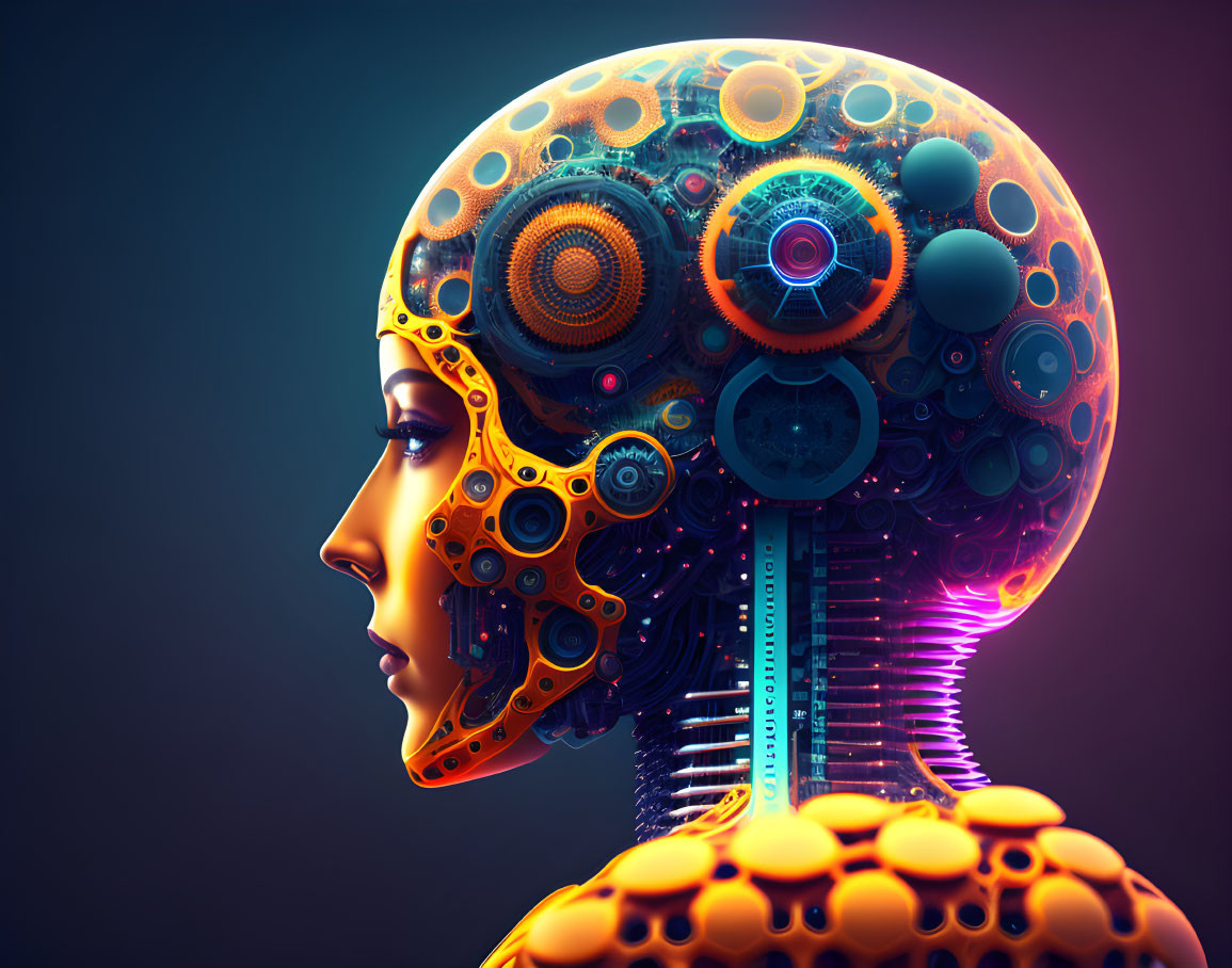 Humanoid Figure with Mechanical Head Filled with Gears and Cogs