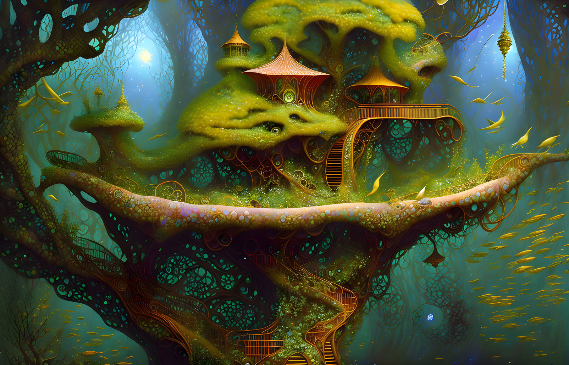 Elaborate tree with houses in mystical forest