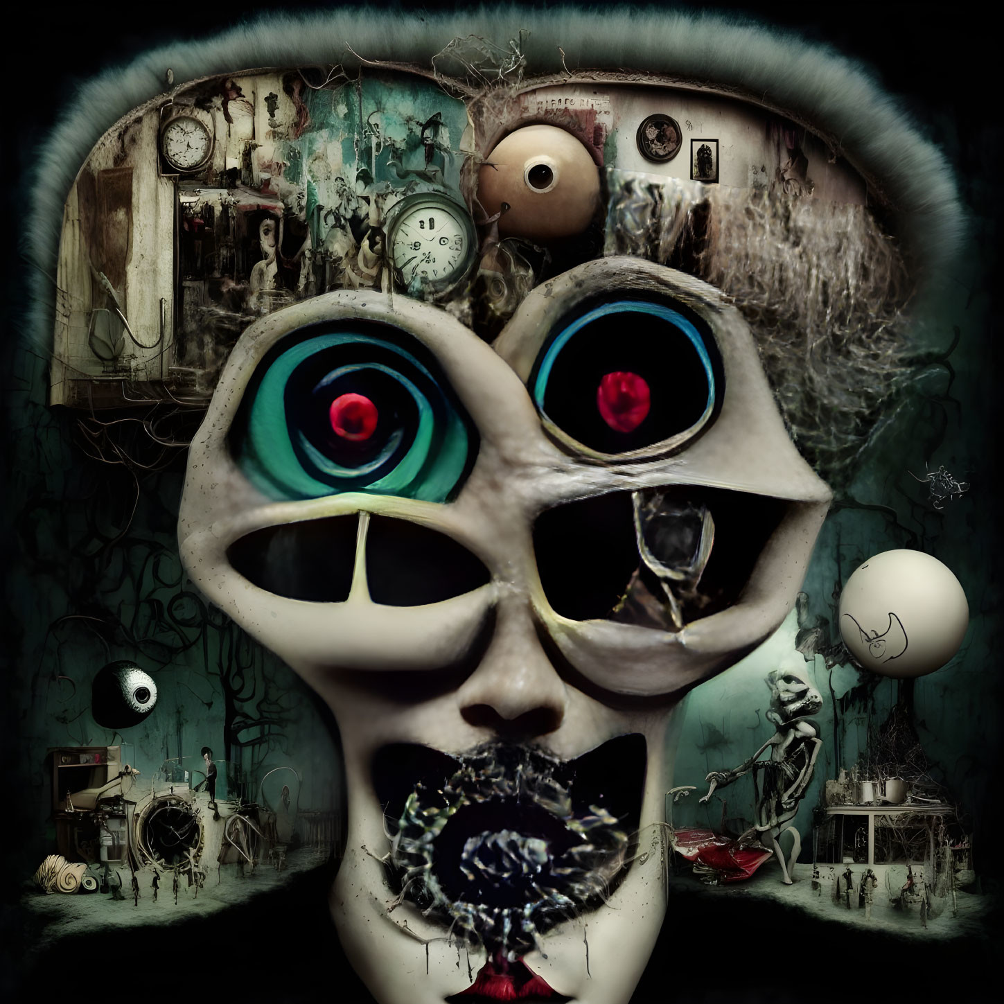 Surreal artwork featuring central skull-like figure with multicolored eyes and eerie elements in dark setting