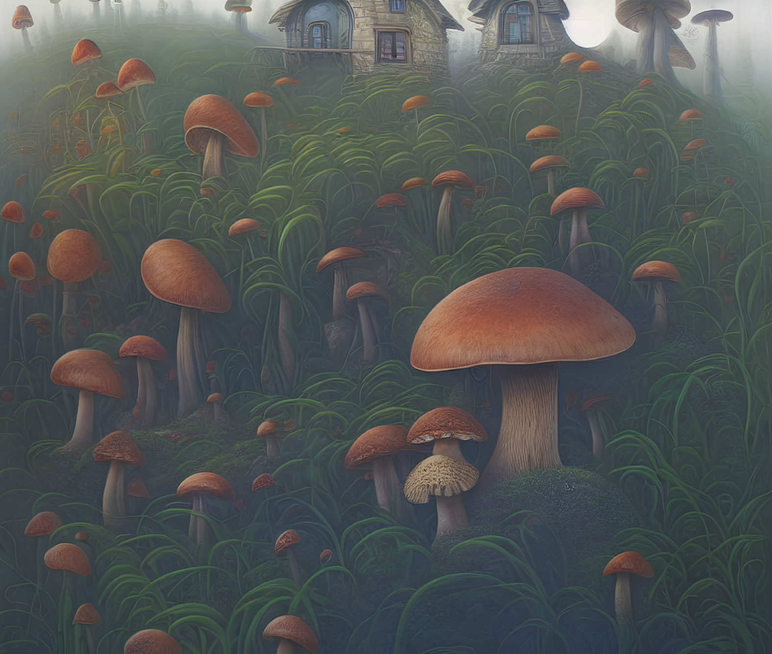 Enchanted forest with oversized mushrooms and quaint houses in foggy ambiance