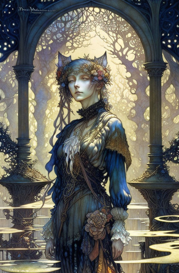 Fantasy illustration of woman with cat-like features in ornate blue dress against golden filigree.