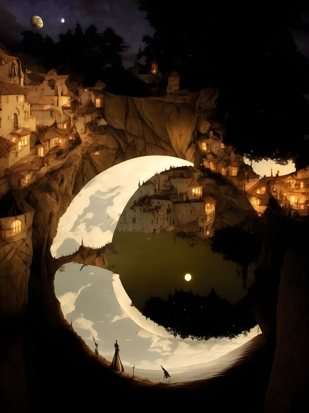 Night scene: village on cliffs in crescent moon shape, reflecting on water, starry sky