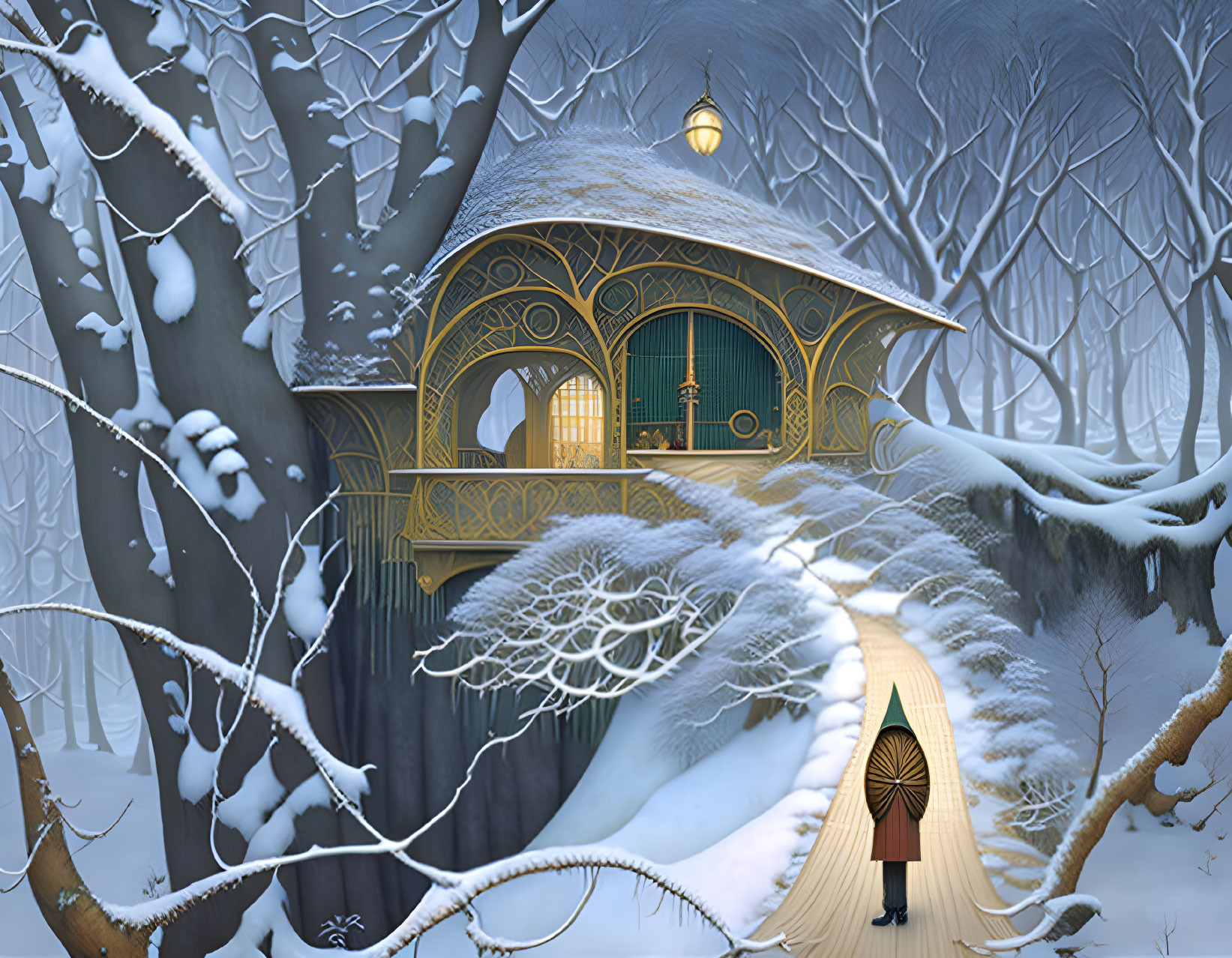 Golden house with rounded door in snowy forest with person and lit lamp