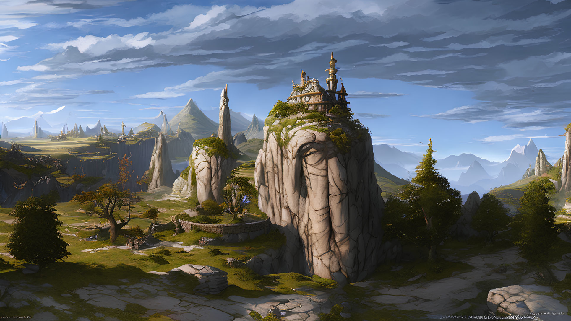 Fantasy landscape with towering rock pillars and ornate structures under blue sky