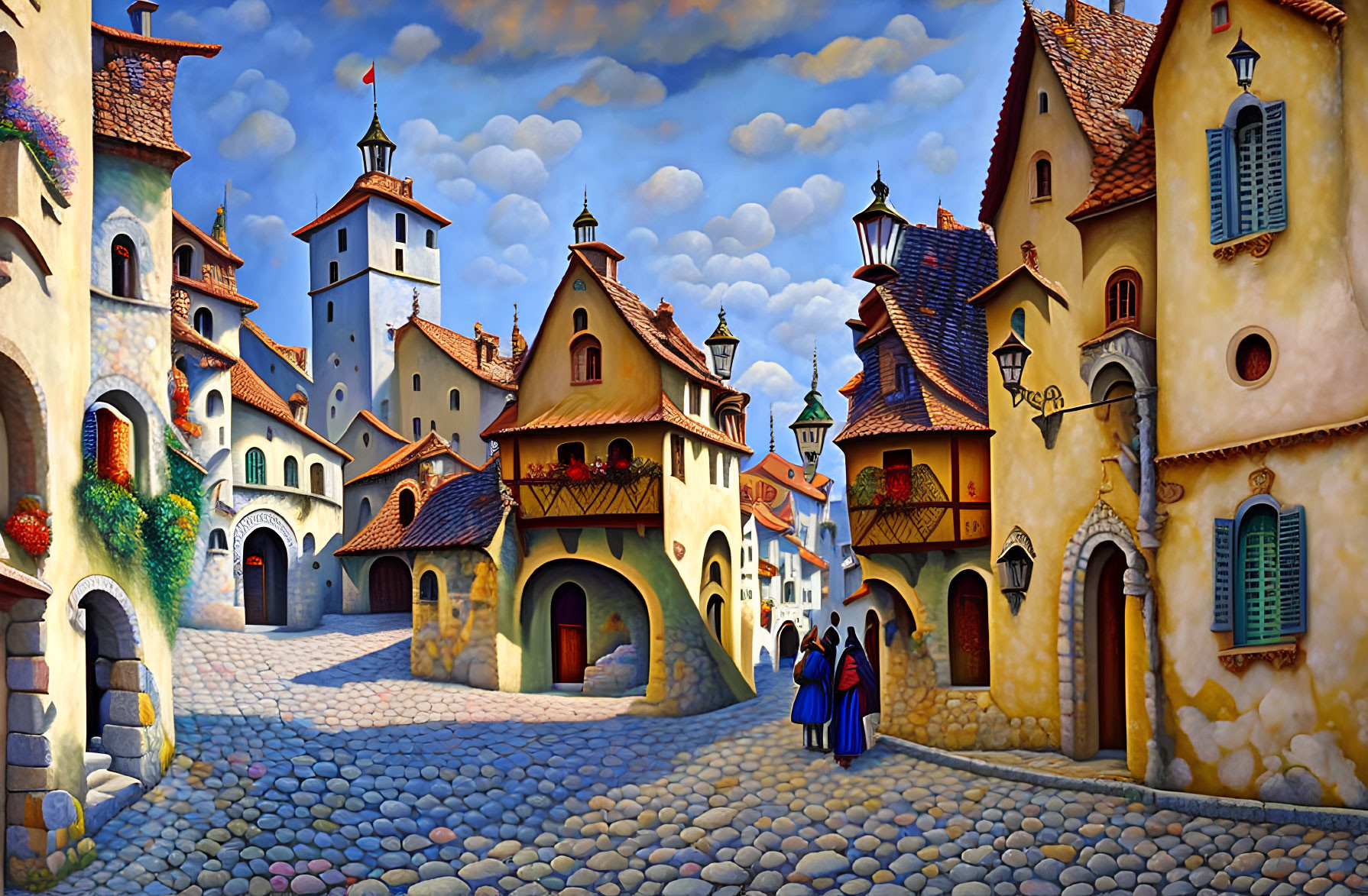 Vibrant surreal artwork: cobblestone street, whimsical buildings, couple walking