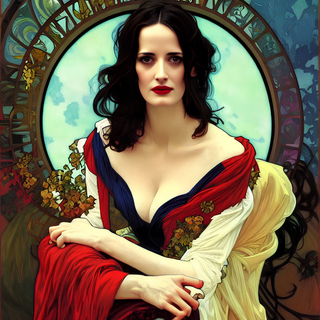 Stylized portrait of woman with dark hair and red lipstick in red and blue garment against ornate