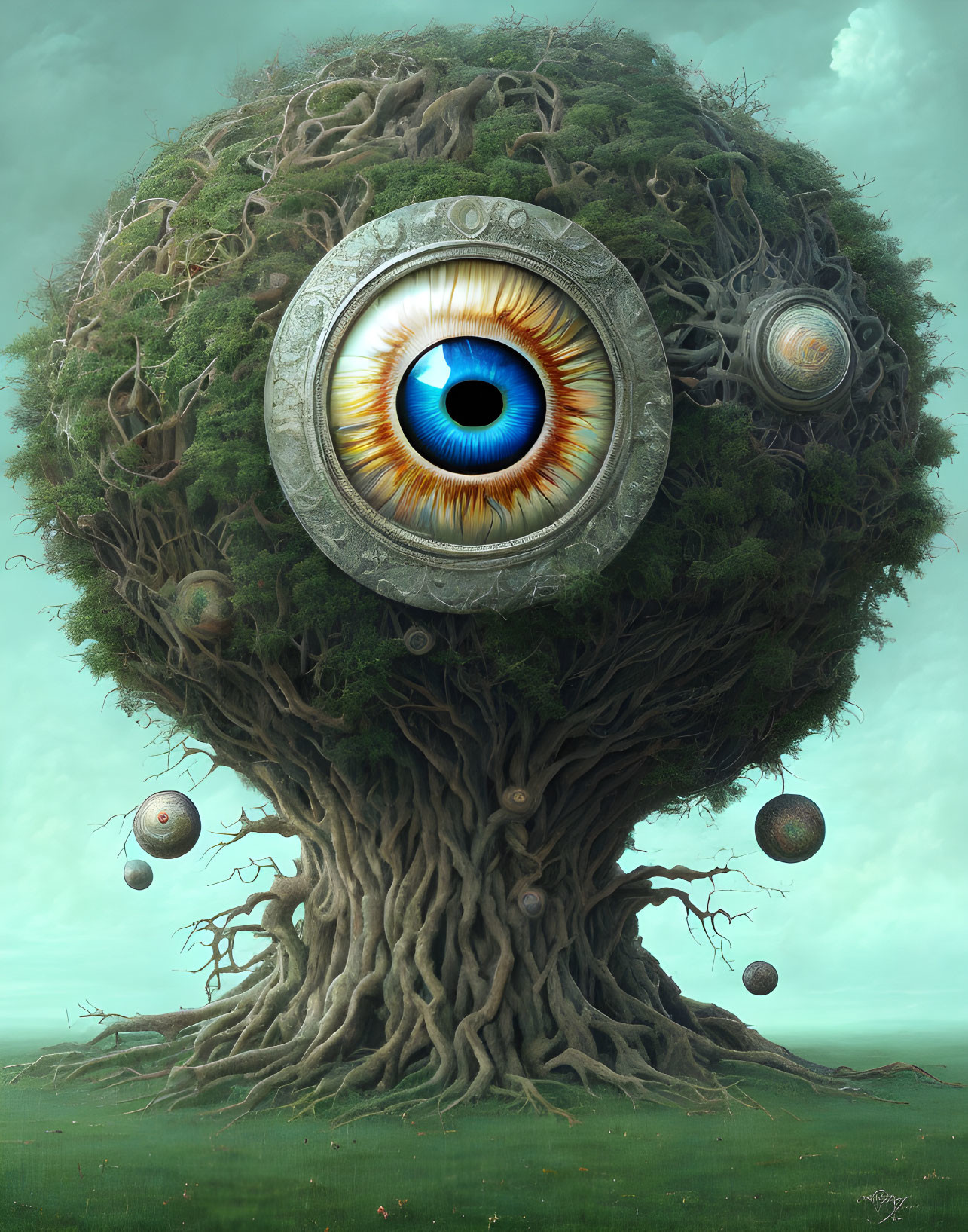 Surreal tree with eye in trunk, floating orbs with eyes, misty green backdrop