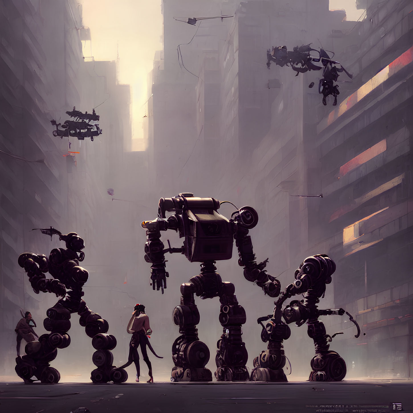 Futuristic cityscape with mist, towering buildings, person, robots, and drones