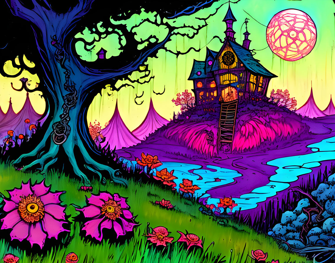 Colorful illustration of whimsical house, flowers, tree, and pink moon in a fantastical scene