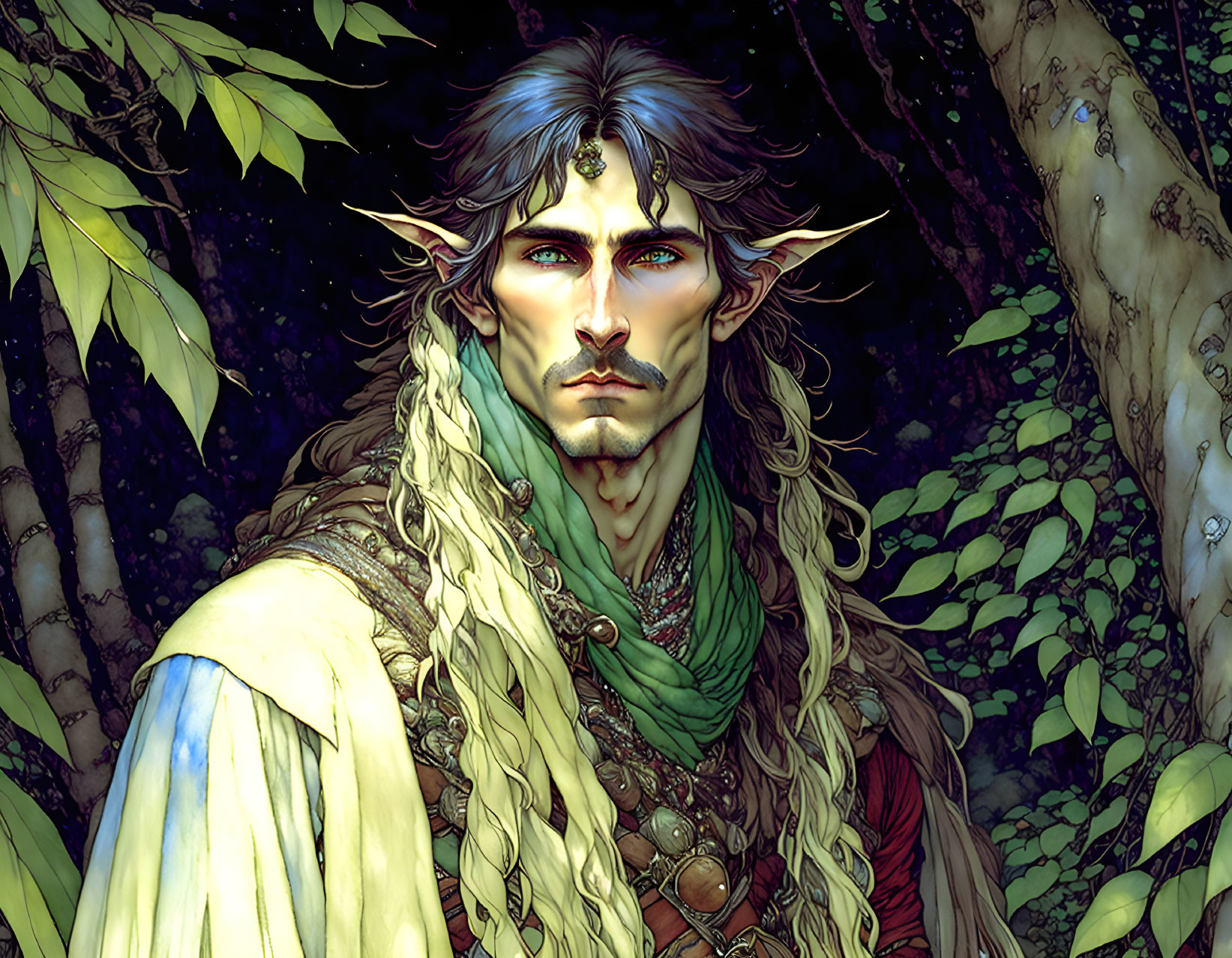 Male elf illustration in jeweled headpiece and intricate clothing in lush forest.