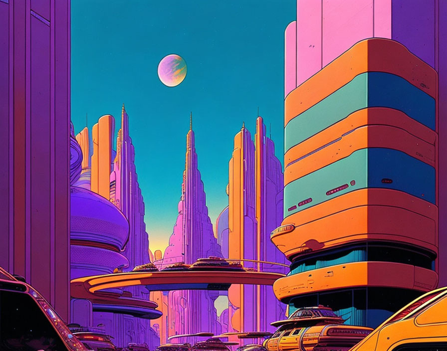 Futuristic cityscape with neon buildings, flying cars, and oversized moon