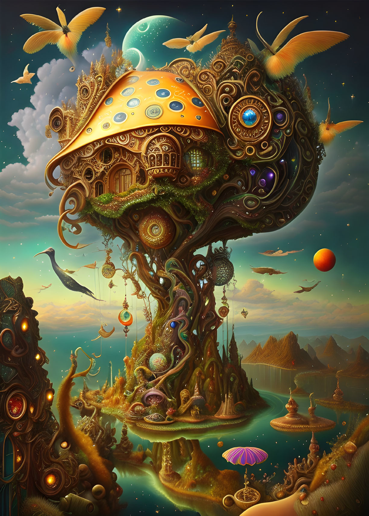 Fantastical tree with mechanical elements and mushrooms in surreal landscape