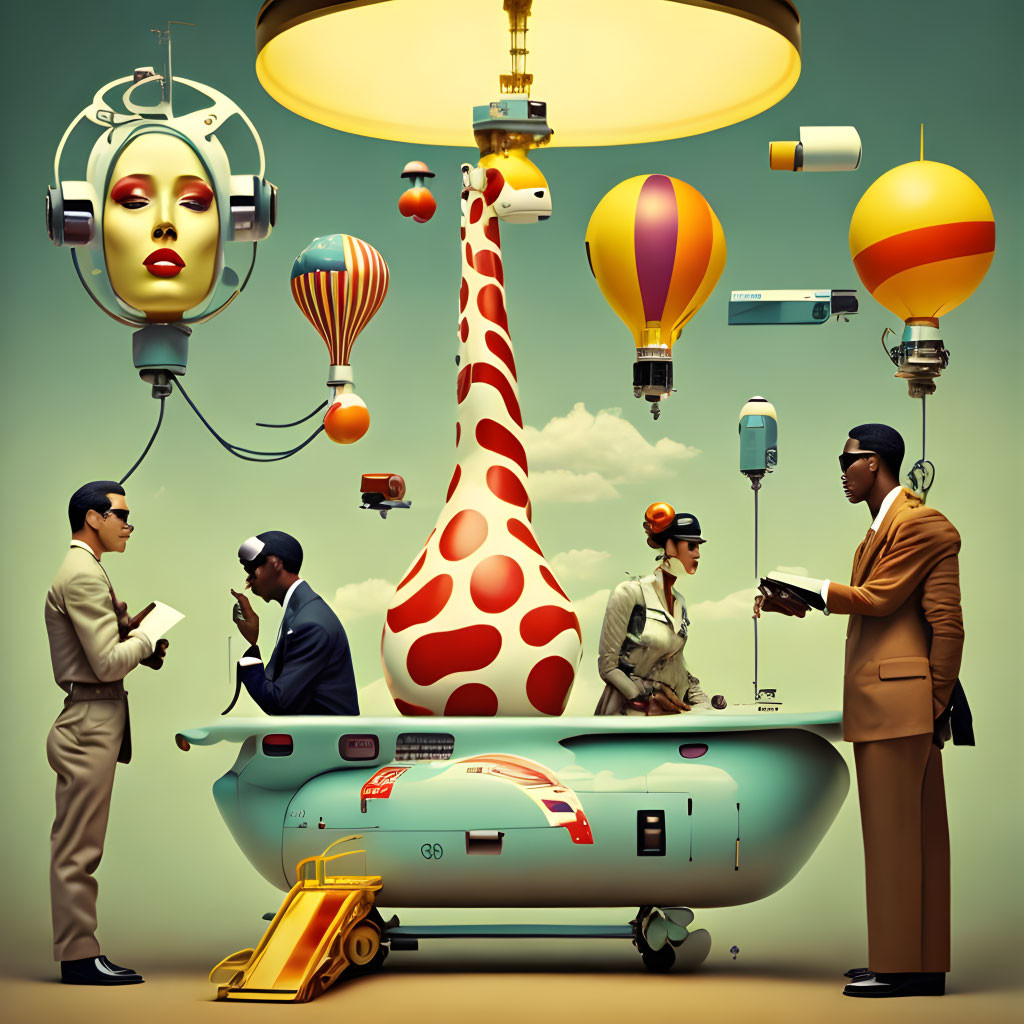 Surreal artwork featuring giraffe in suit, aviator-clad figures, head balloon, hot