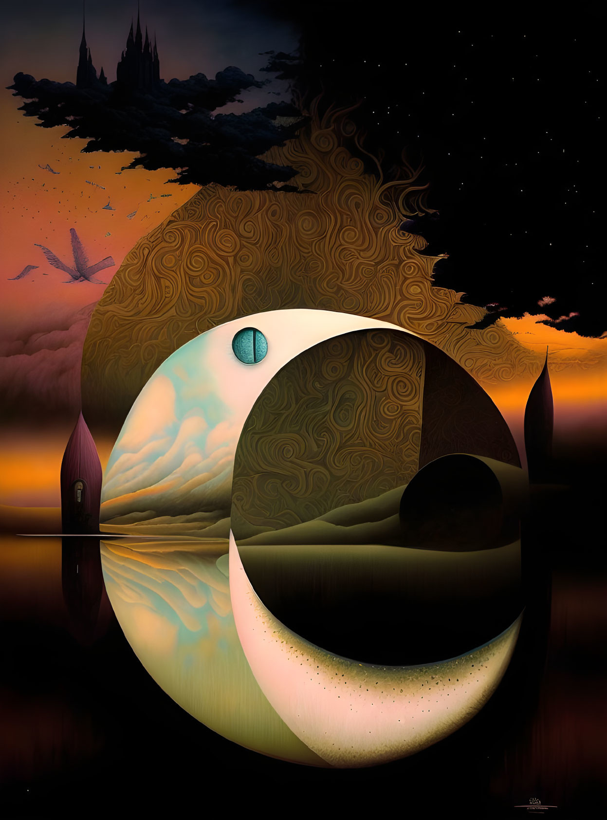 Surreal landscape with giant yin-yang symbol, calm lake, silhouetted structures