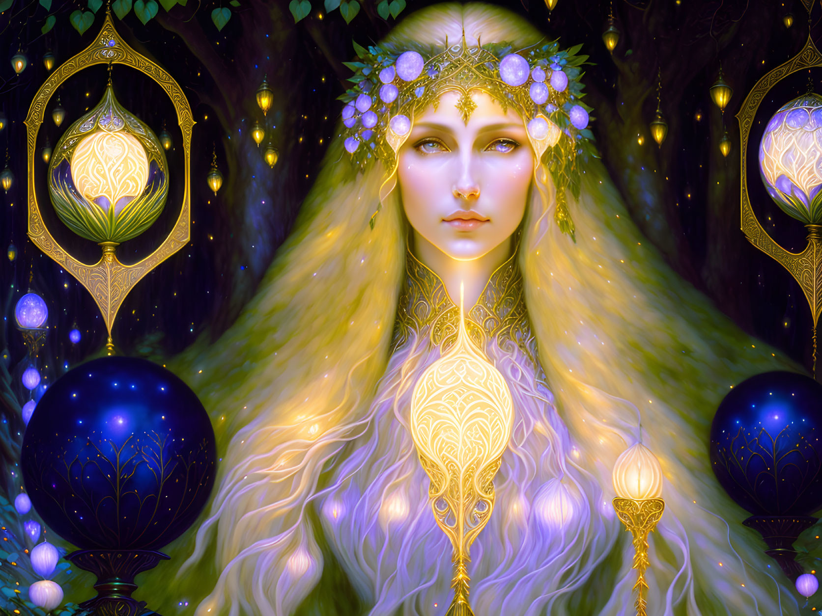 Golden-haired elf queen with ornate headdress in mystical forest.