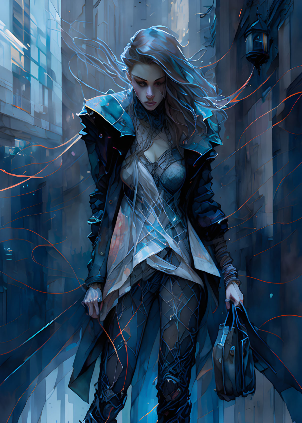 Futuristic digital art: Woman in black and blue outfit with glowing red accents in alleyway