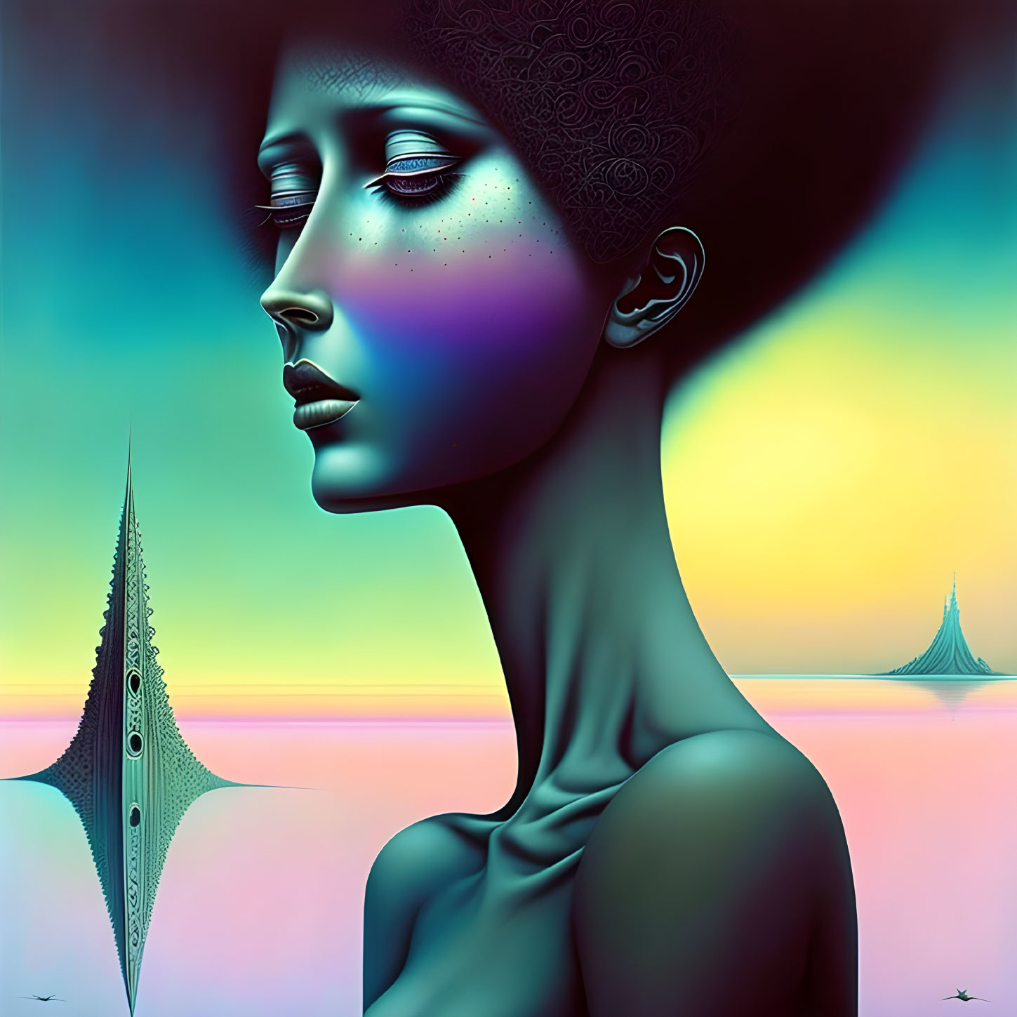 Stylized woman with afro in surreal sunset backdrop.