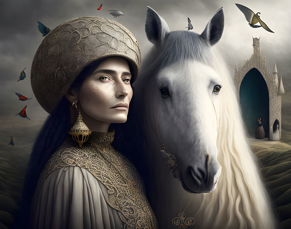 Medieval woman with white horse and castle in fairy tale setting