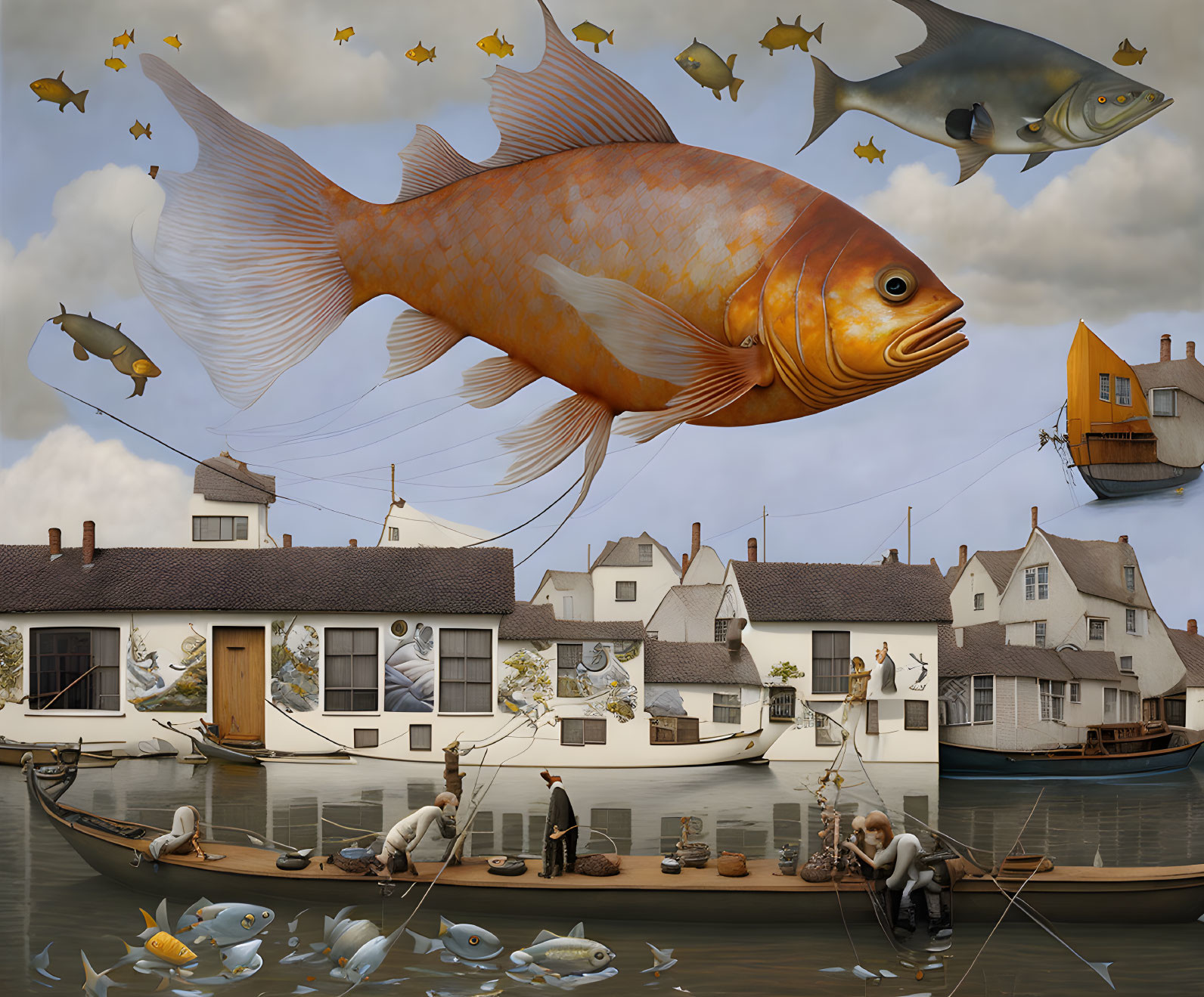 Giant flying fish over village with submerged houses and fishermen.