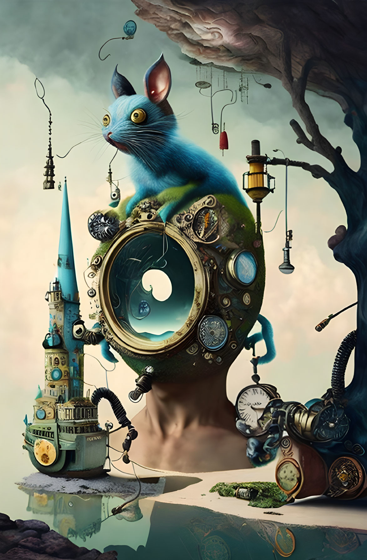 Whimsical blue rabbit on clockwork sphere with steampunk castle.