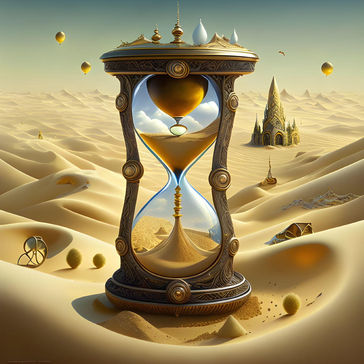 Ornate hourglass in desert landscape with surreal fantasy elements