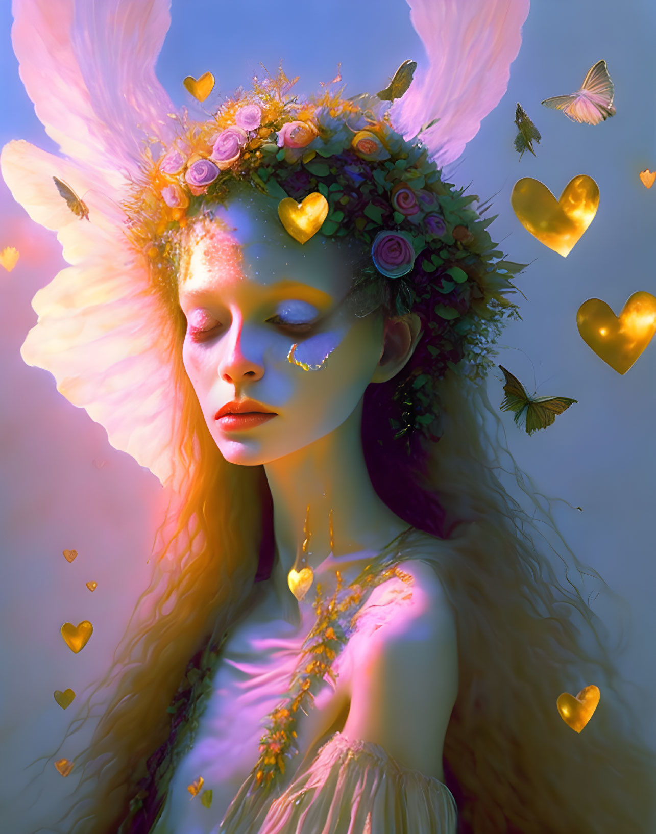 Fantastical portrait of woman with floral headwear and butterflies in golden glow.