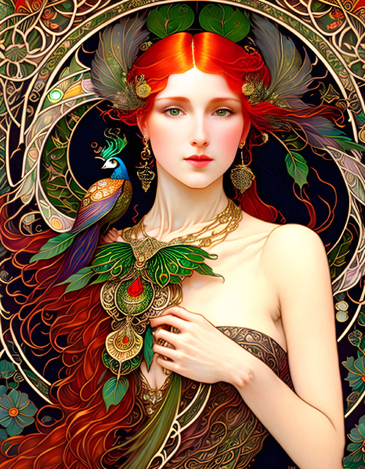 Illustration of woman with red hair and peacock feathers, gold jewelry, with live peacock in