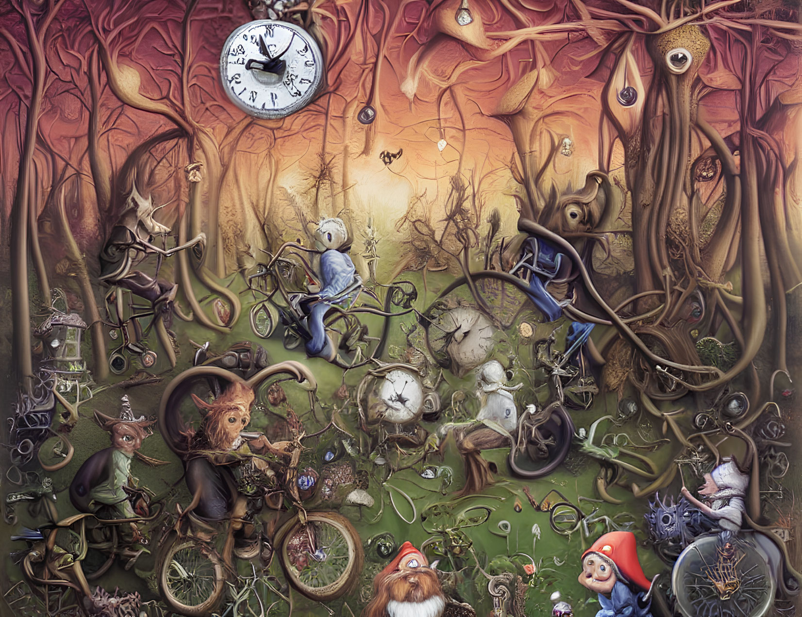 Whimsical surreal artwork: anthropomorphic animals, floating clocks, mystical forest