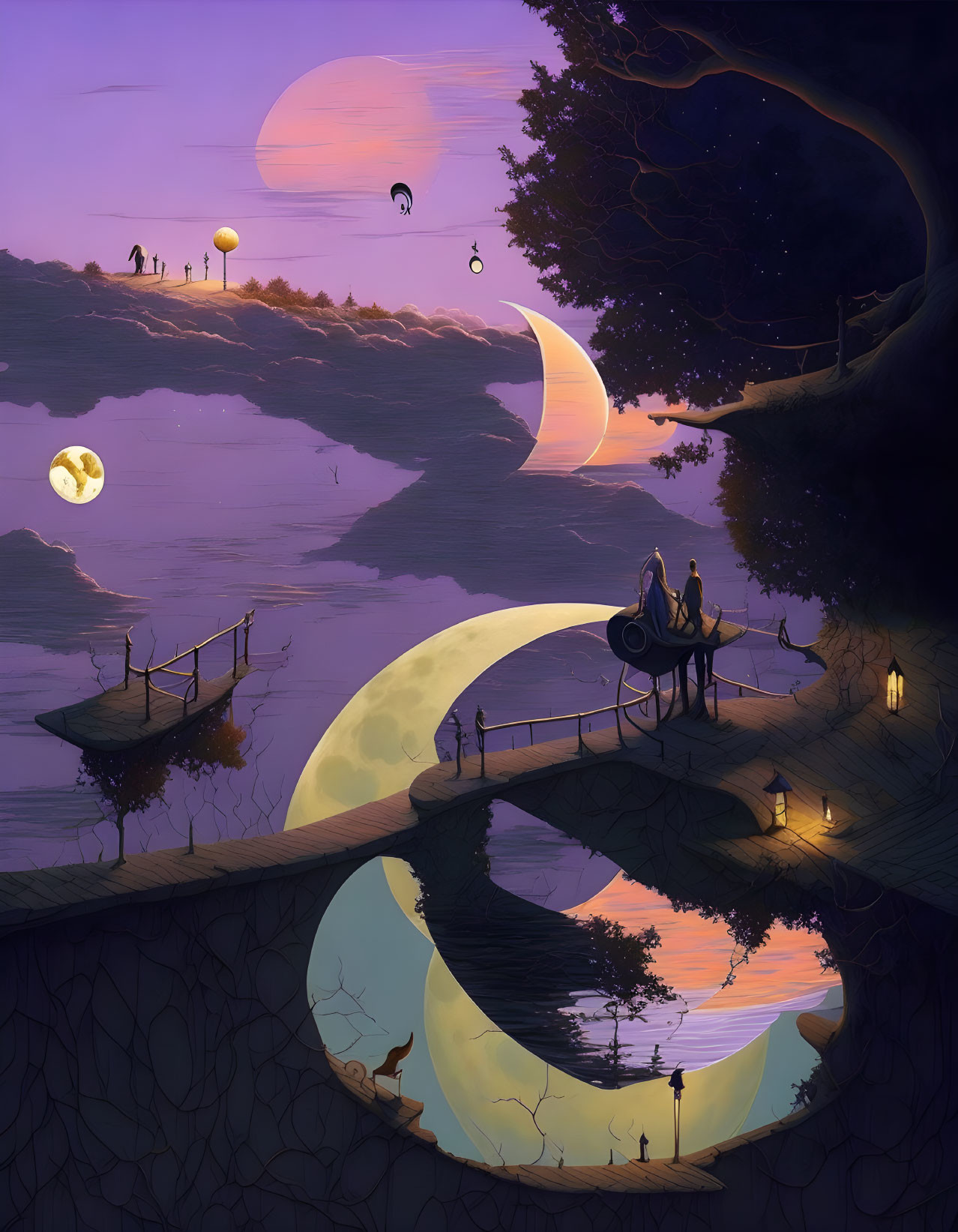 Purple Landscape with Moons, Silhouettes, and Looping Pathways