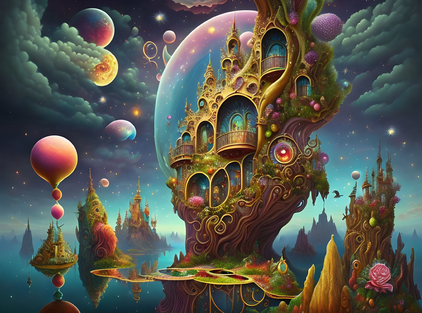 Fantasy landscape with treehouse, floating islands, balloons, starlit sky