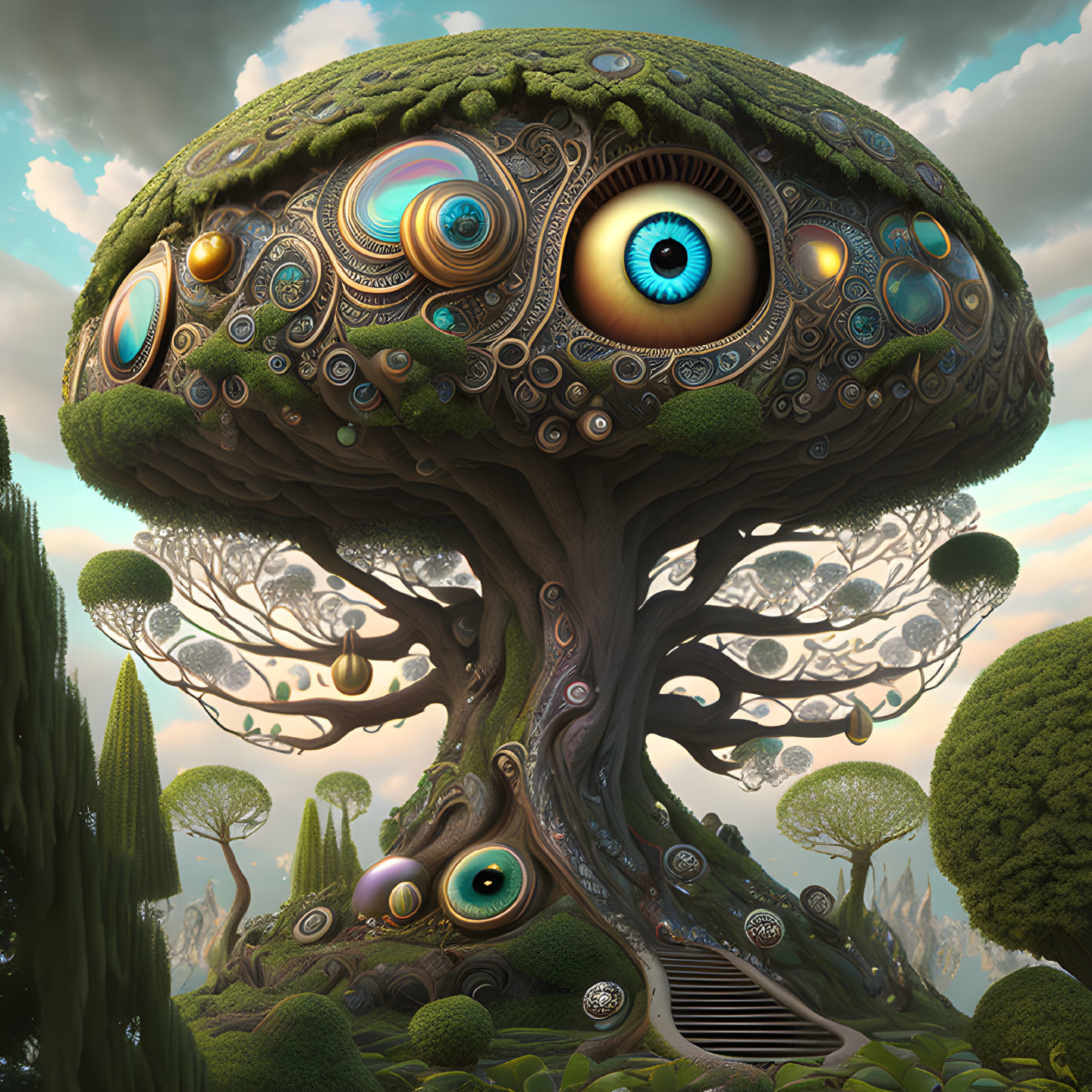 Fantastical tree with eye-shaped canopy and whimsical elements in lush greenery