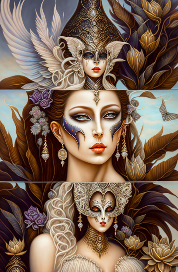 Fantastical Woman Triptych with Feathered Headpieces & Masks