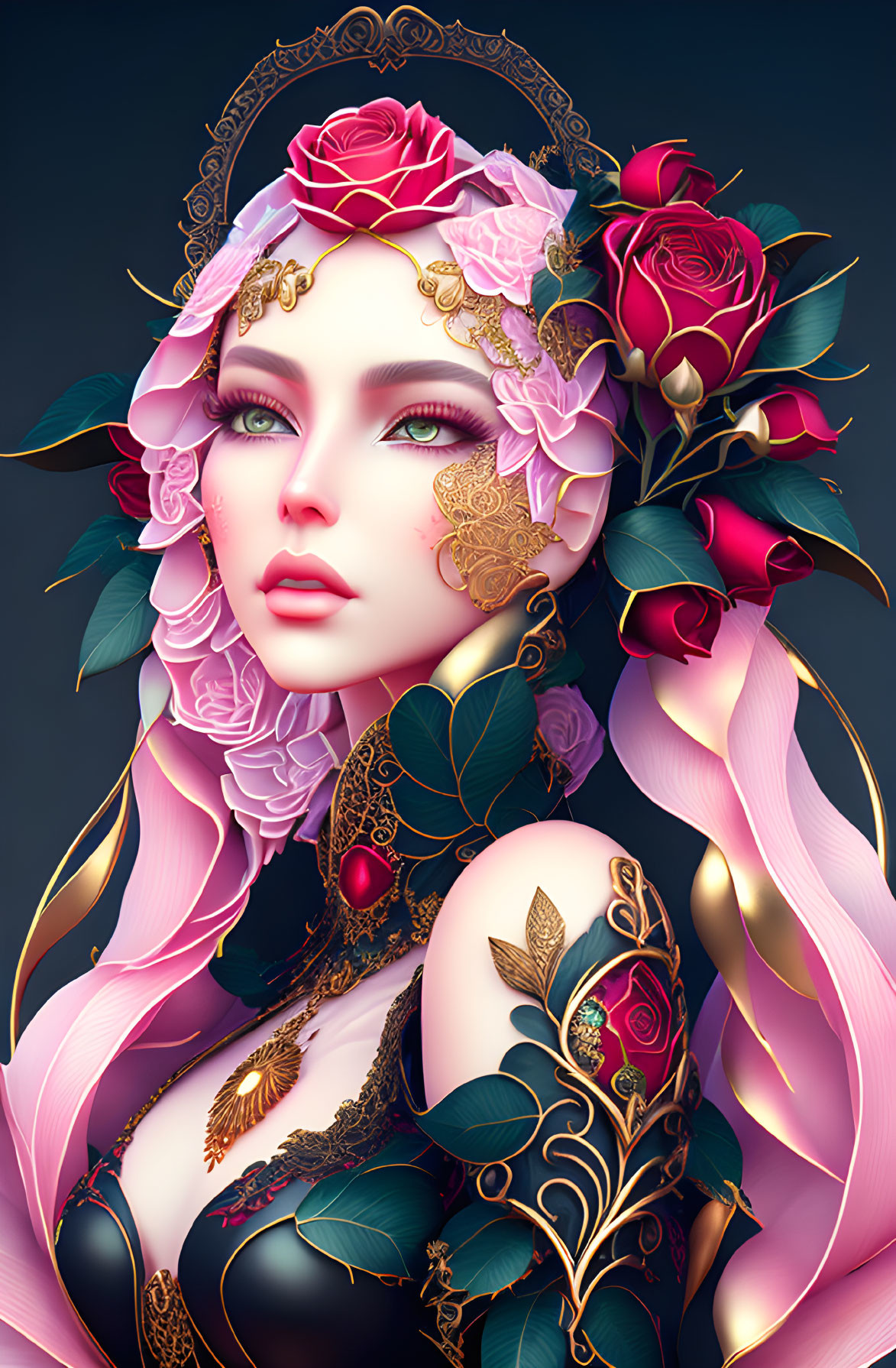 Illustrated female character with green eyes, pink roses, gold jewelry, and floral tattoo on arm.