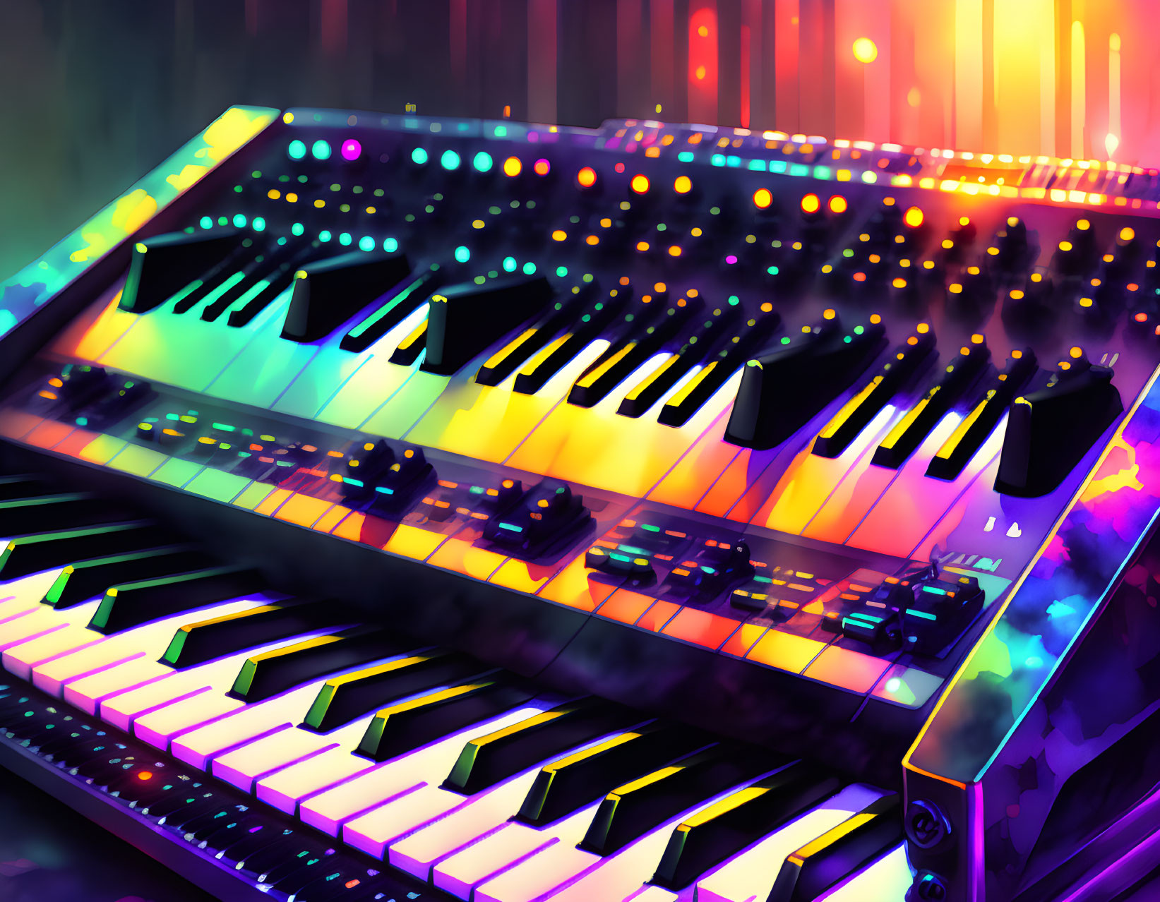 Vibrant Synthesizer Keyboards Illustration with Glowing Lights