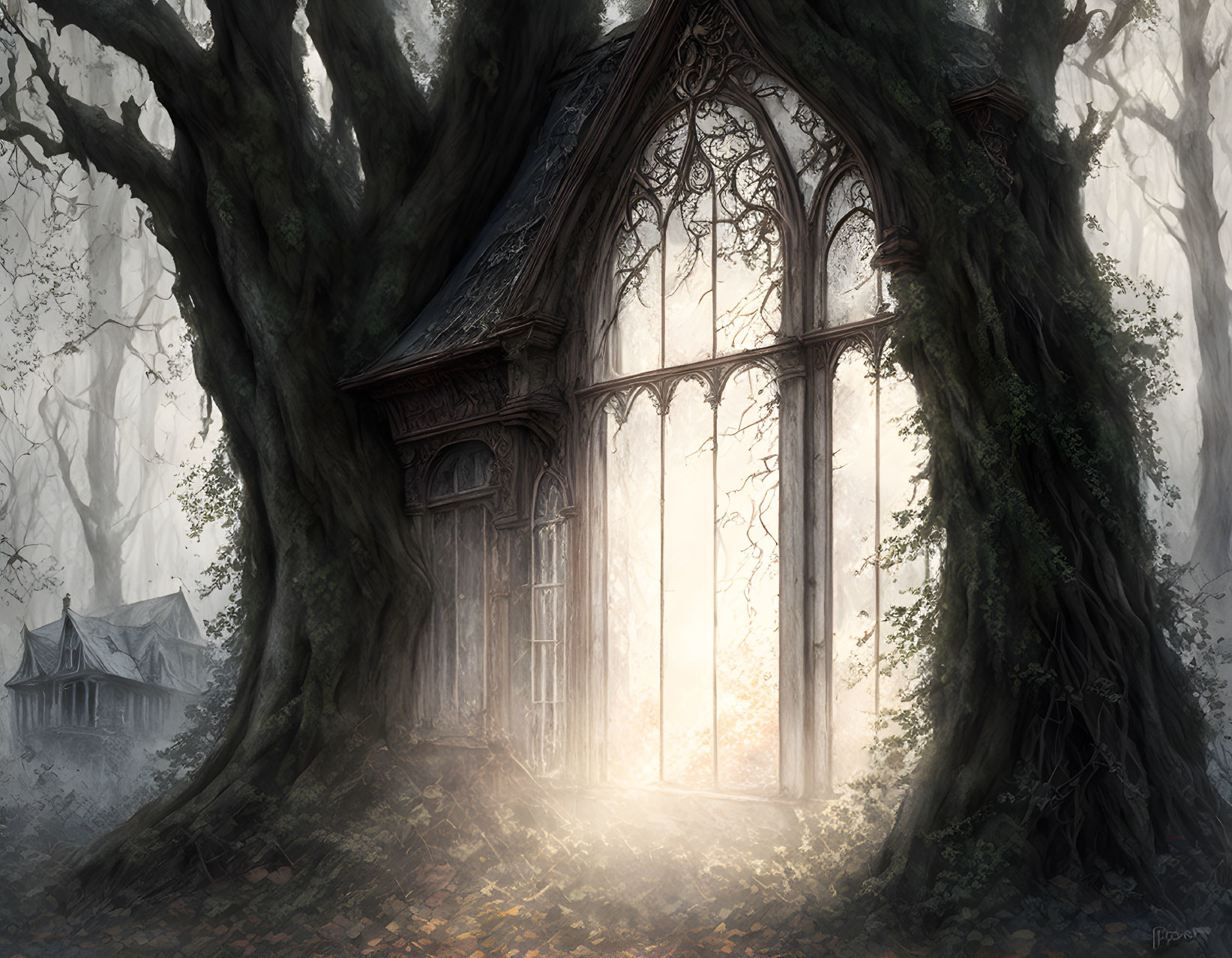 Mystical forest scene: ancient tree with gothic window and distant manor glimpsed through fog