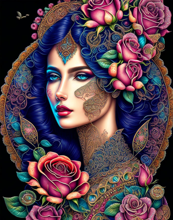 Colorful illustration of woman with blue hair, rose adornments, tattoo-like patterns, and butterfly.