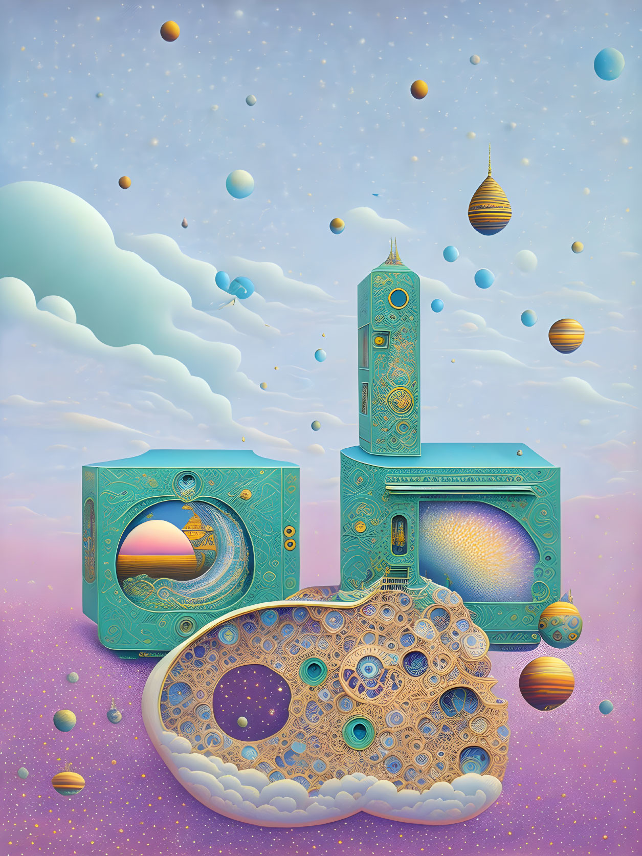 Surreal artwork: floating TV, radio, ornate patterns, palette object, pastel sky