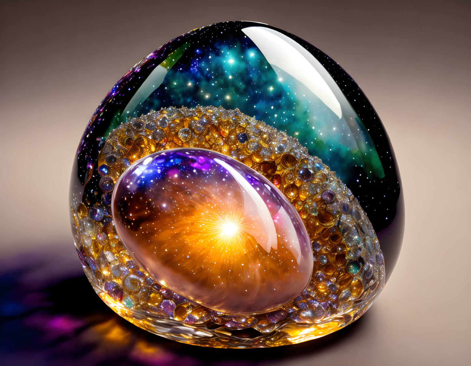 Colorful Glass Paperweight: Cosmic Galaxy Design in Blues, Greens, and Purples