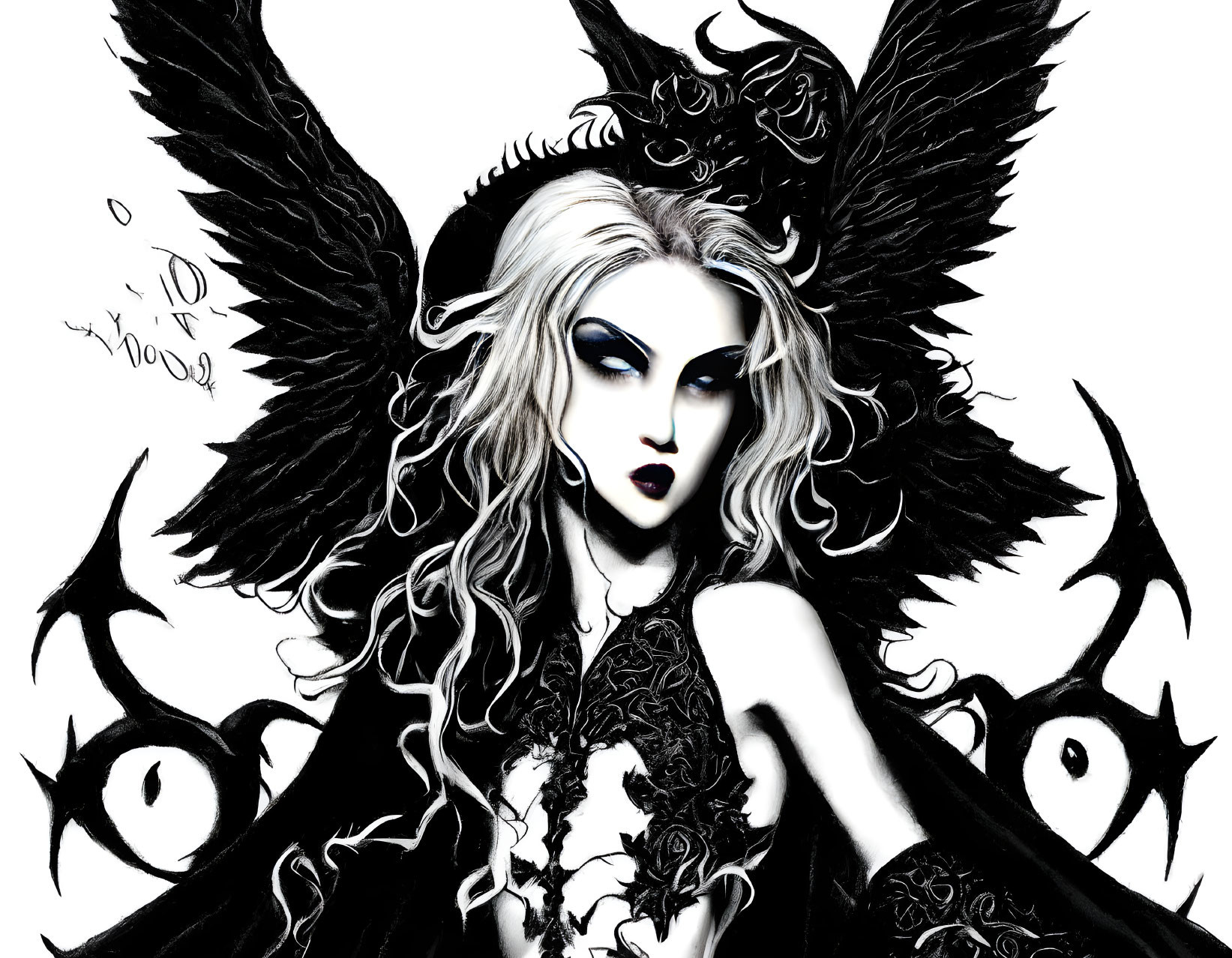 Stylized monochromatic artwork of a woman with dark angel wings