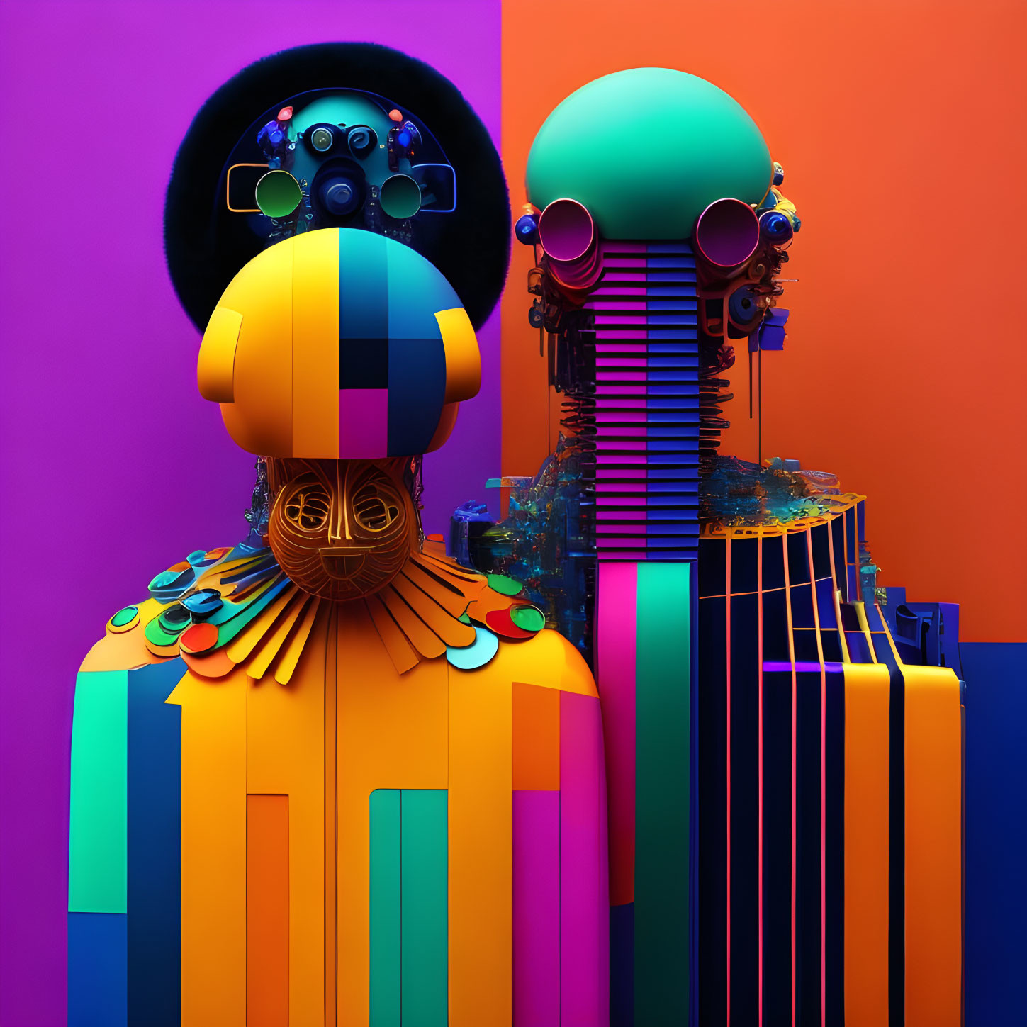 Colorful 3D illustration of stylized figures with geometric patterns and surreal headpieces on split purple