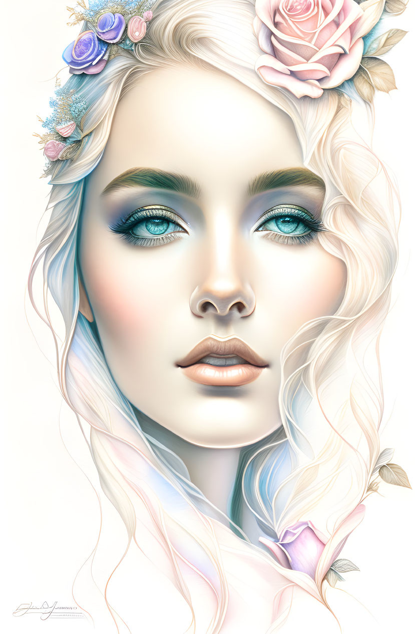 Portrait of woman with blue eyes, pale skin, and blonde hair with pastel flowers.